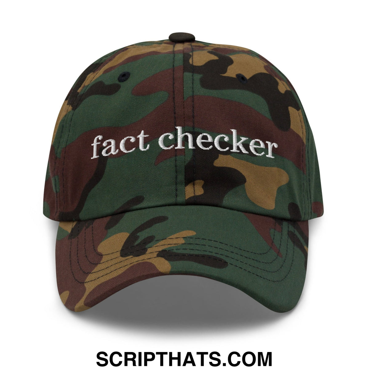 A camouflage unstructured dad hat with fact checker embroidered in white thread on the front