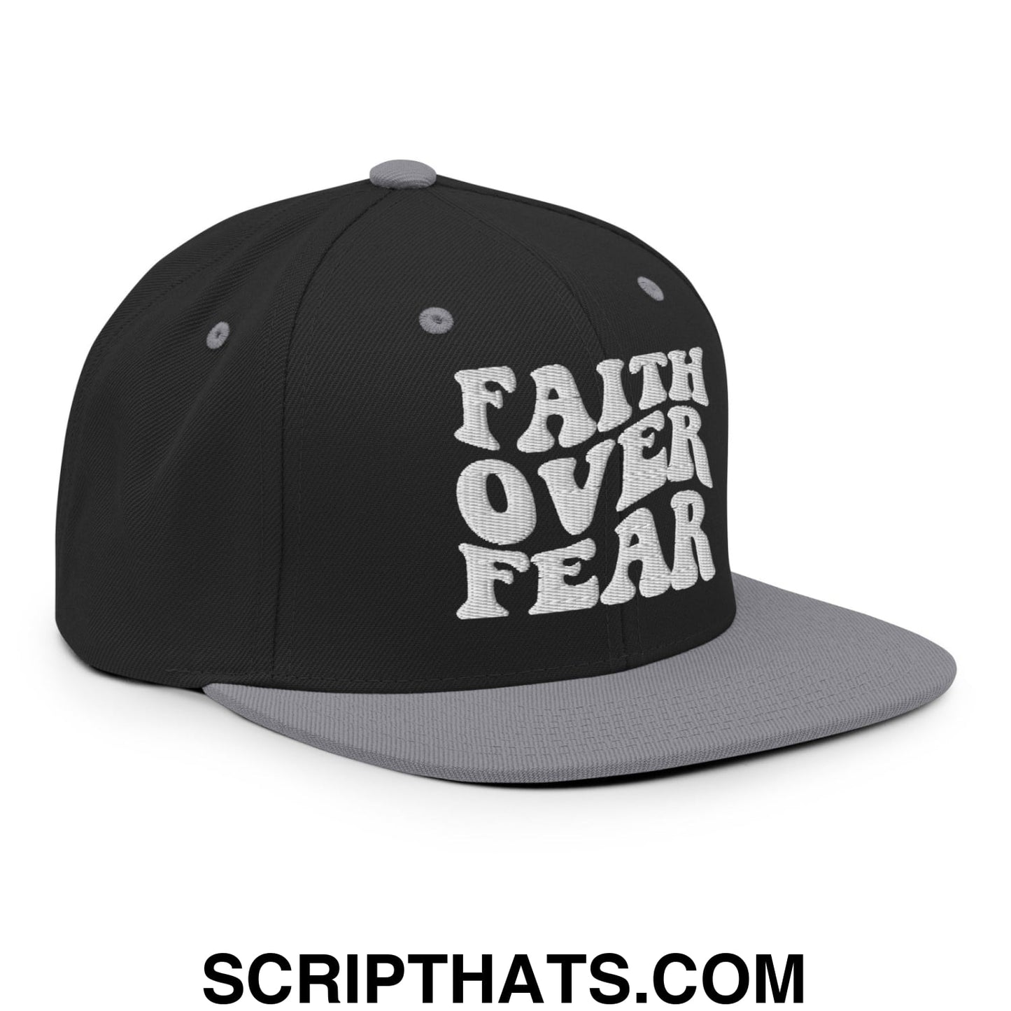 Faith Over Fear Embroidered Flat Bill Brim Snapback Hat Black Silver