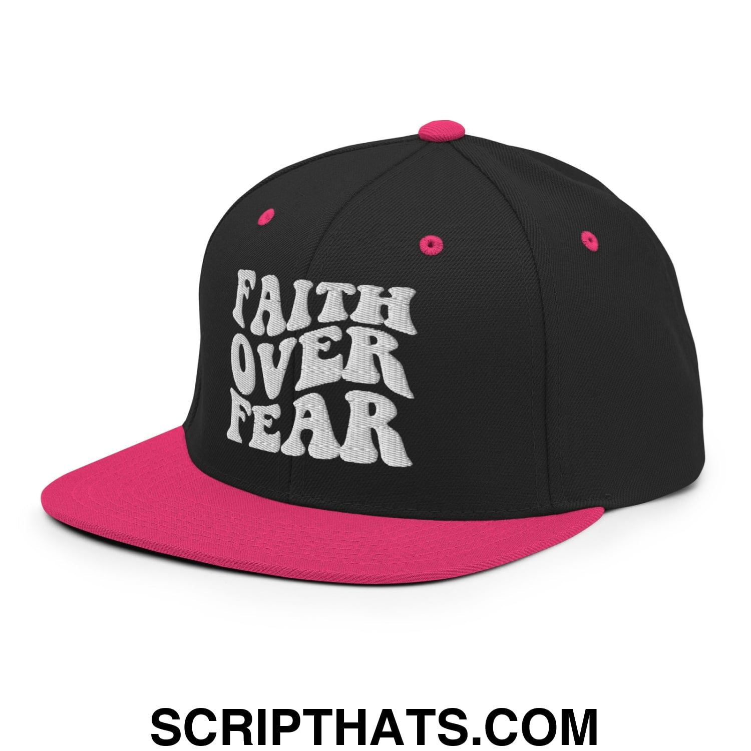 Faith Over Fear Embroidered Flat Bill Brim Snapback Hat Black Neon Pink