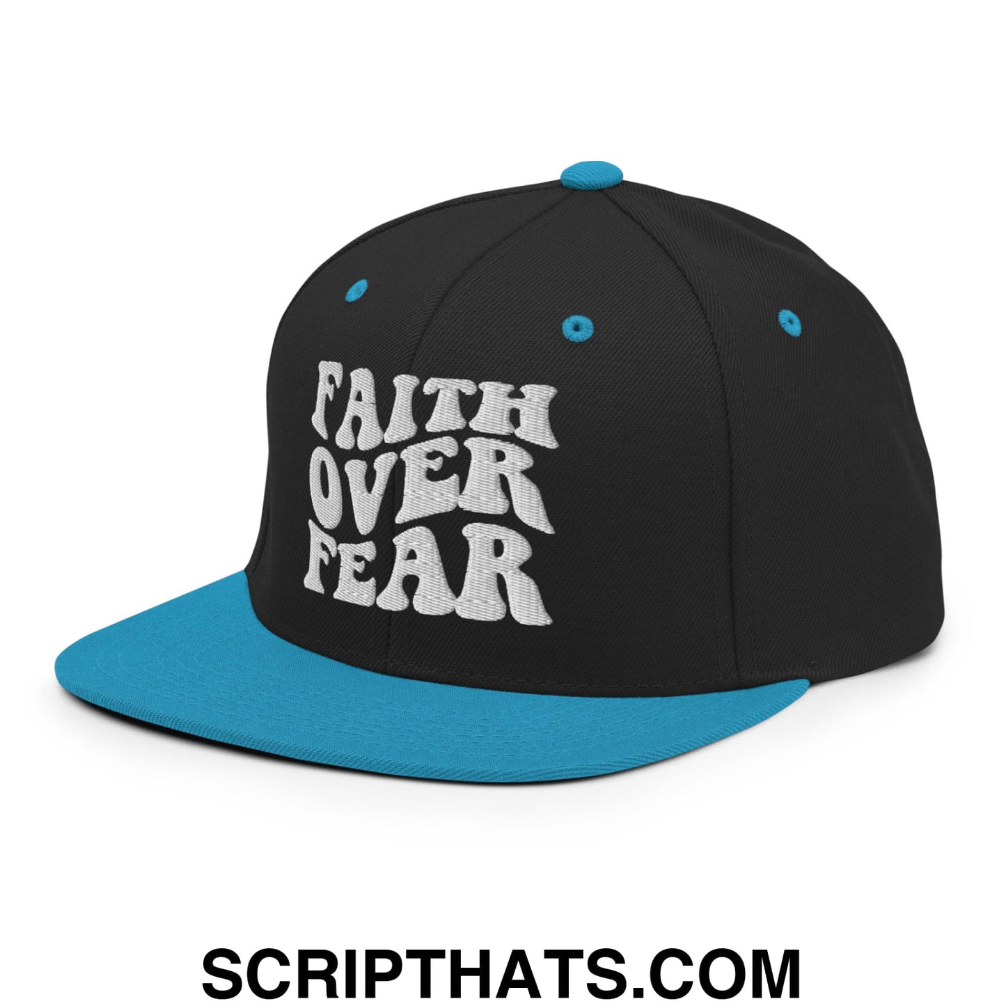 Faith Over Fear Embroidered Flat Bill Brim Snapback Hat Black Teal