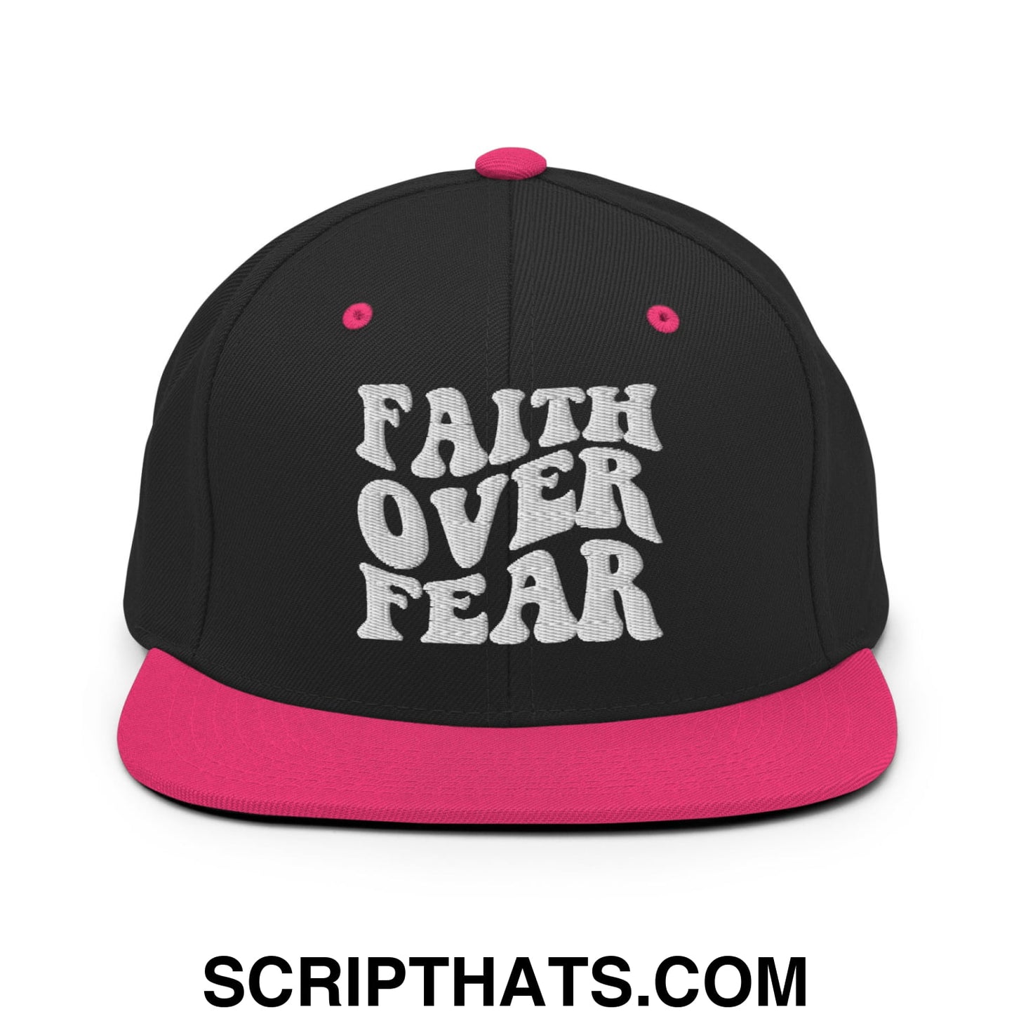 Faith Over Fear Embroidered Flat Bill Brim Snapback Hat Black Neon Pink