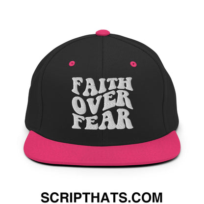 Faith Over Fear Embroidered Flat Bill Brim Snapback Hat Black Neon Pink