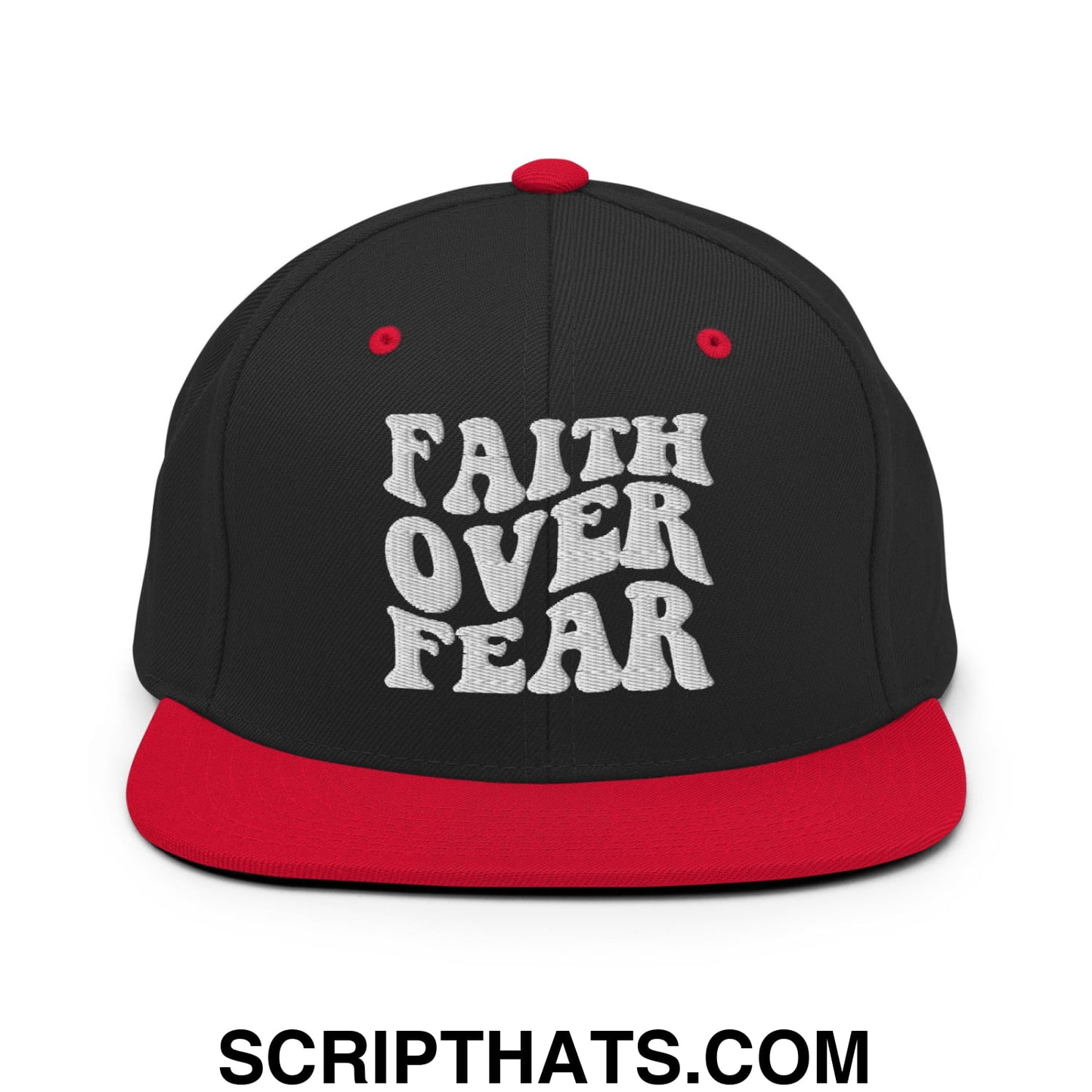 Faith Over Fear Embroidered Flat Bill Brim Snapback Hat Black Red