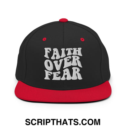 Faith Over Fear Embroidered Flat Bill Brim Snapback Hat Black Red