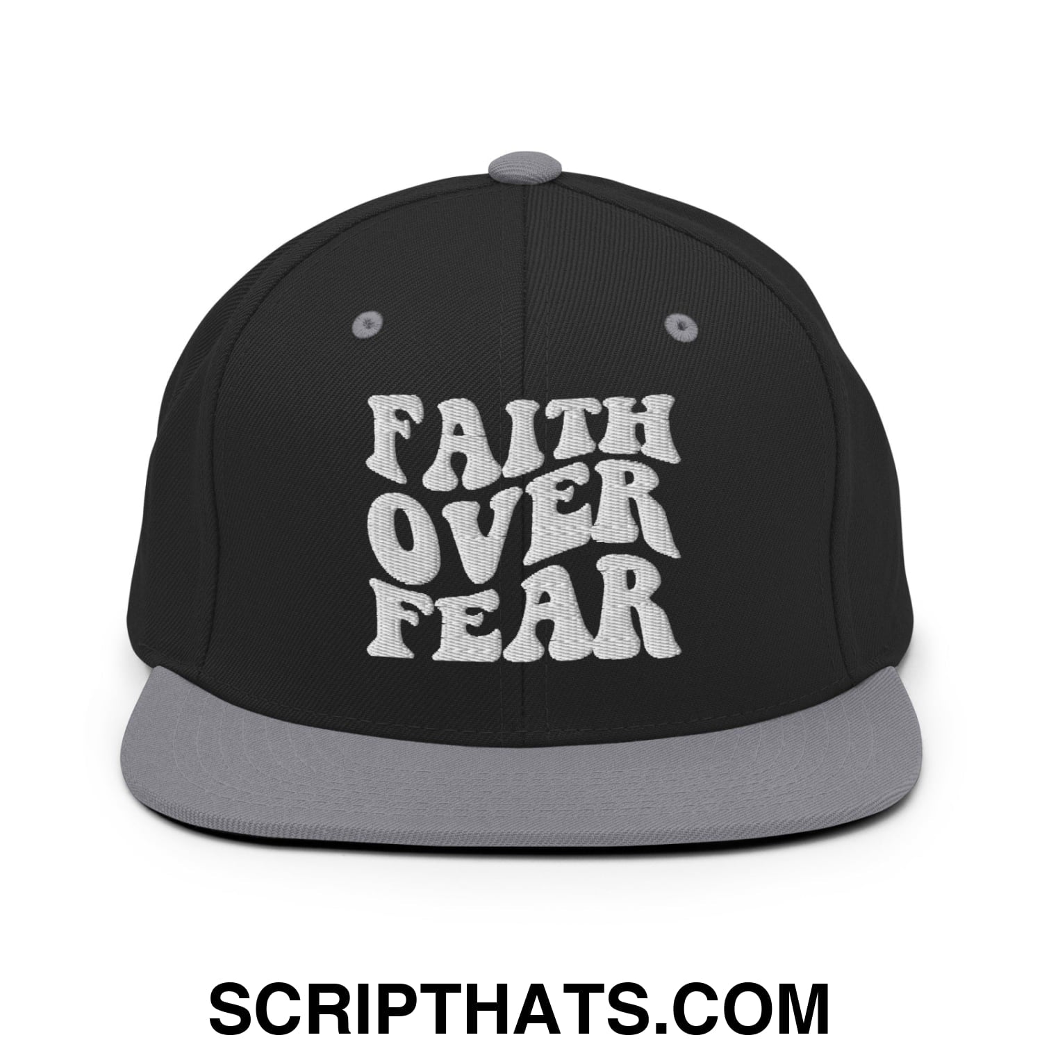 Faith Over Fear Embroidered Flat Bill Brim Snapback Hat Black Silver