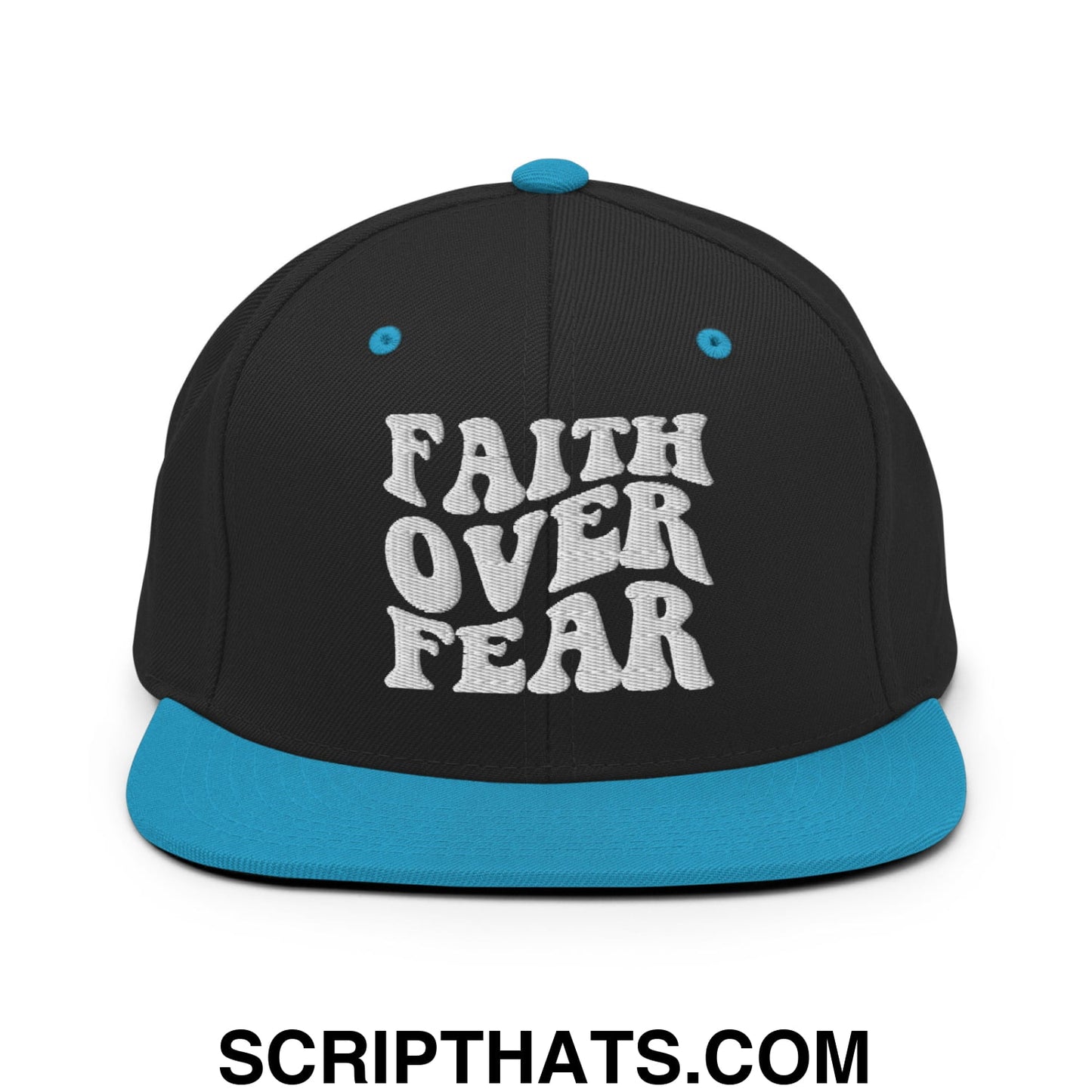 Faith Over Fear Embroidered Flat Bill Brim Snapback Hat Black Teal