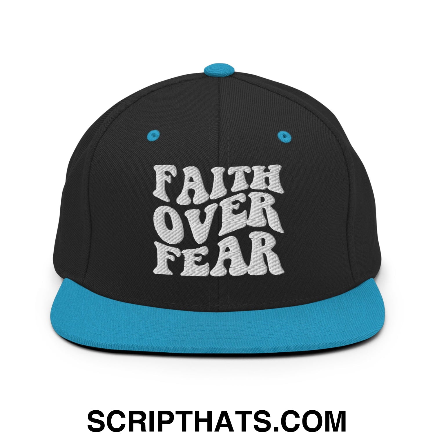 Faith Over Fear Embroidered Flat Bill Brim Snapback Hat Black Teal