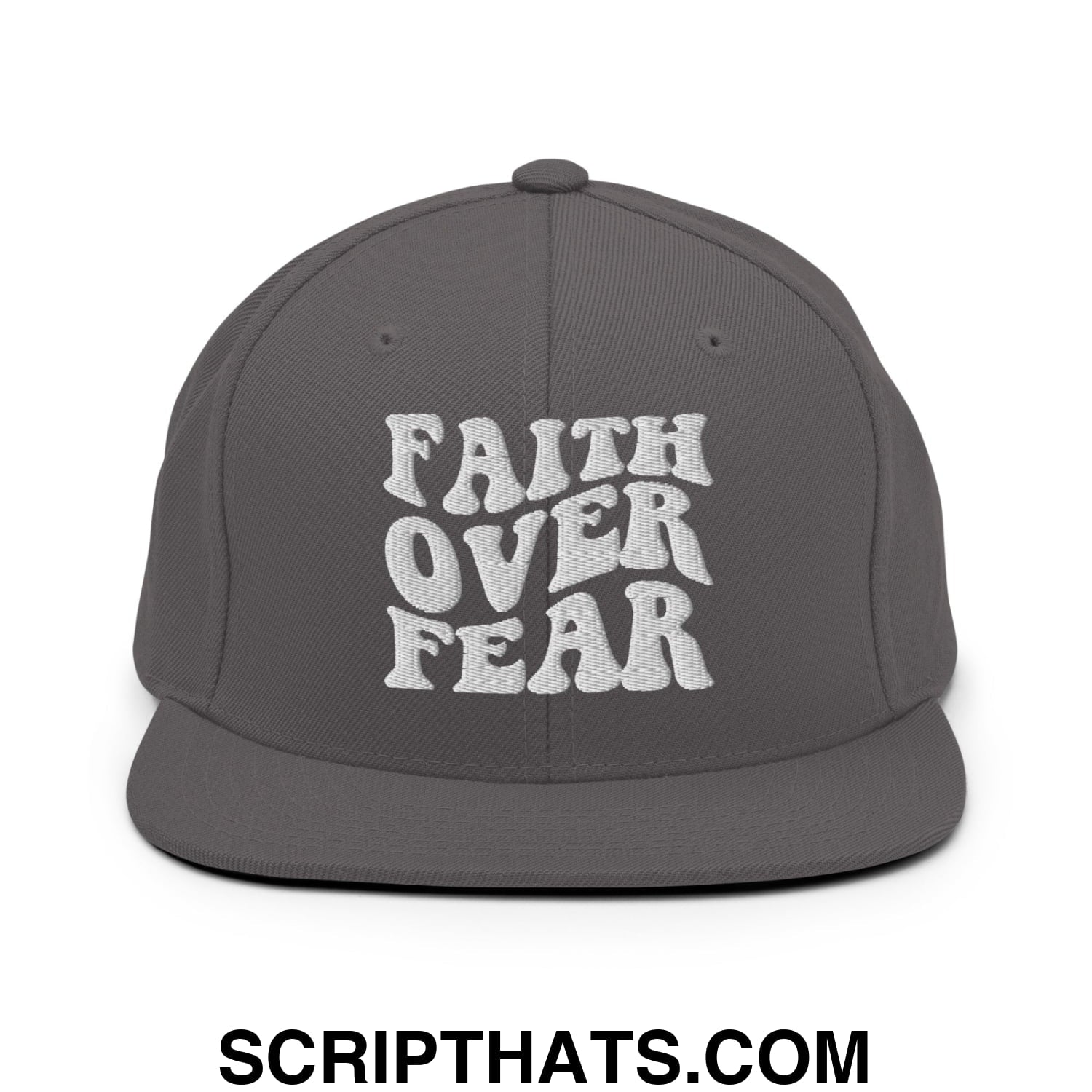 Faith Over Fear Embroidered Flat Bill Brim Snapback Hat Dark Grey