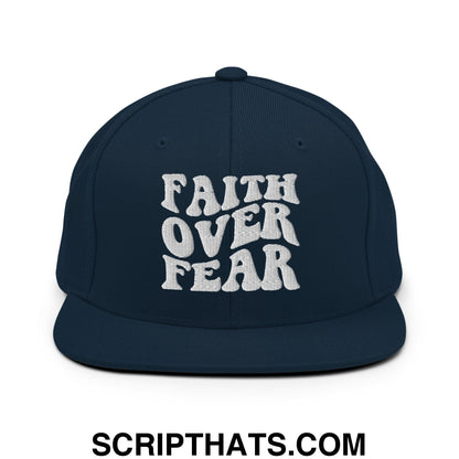 Faith Over Fear Embroidered Flat Bill Brim Snapback Hat Dark Navy