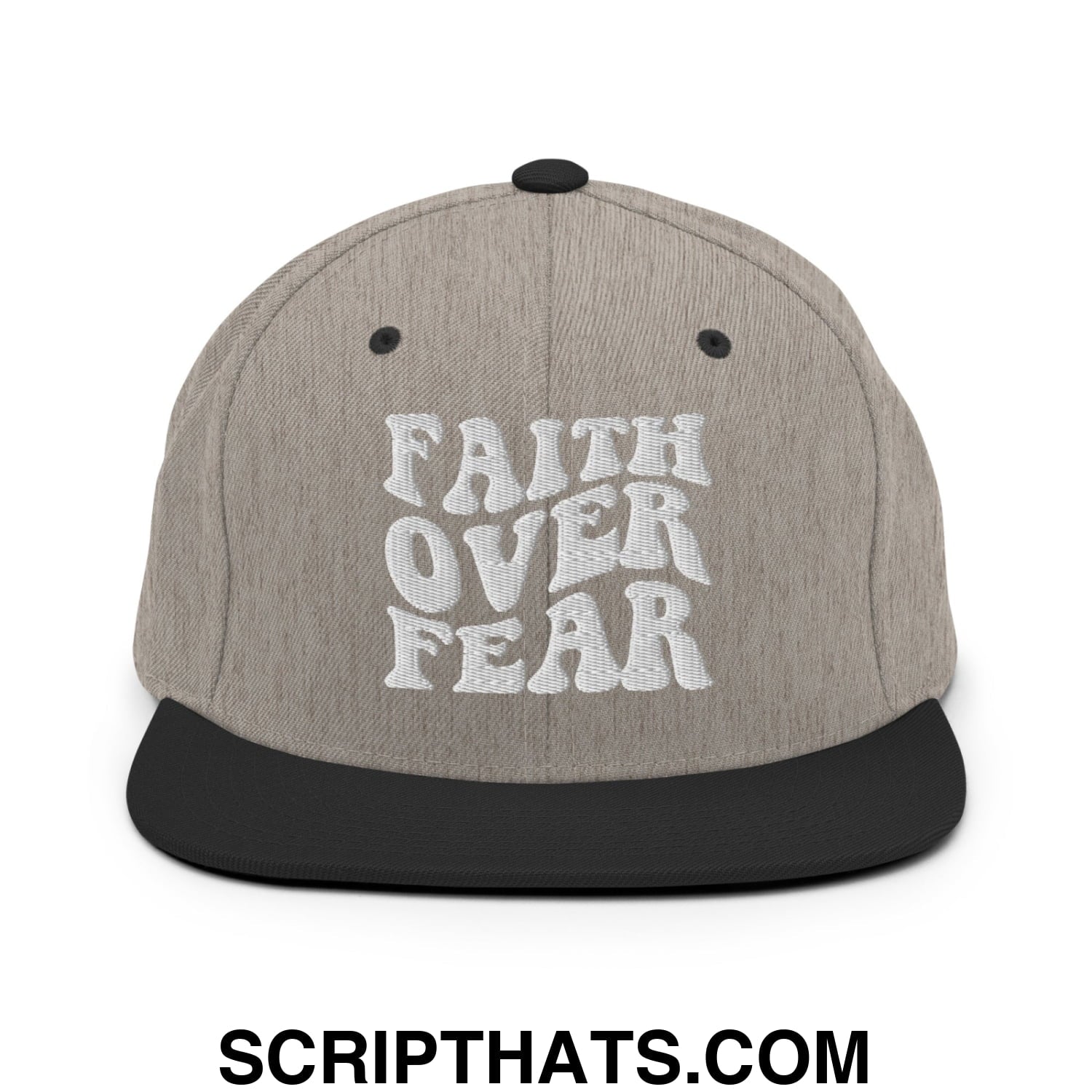 Faith Over Fear Embroidered Flat Bill Brim Snapback Hat Heather Black