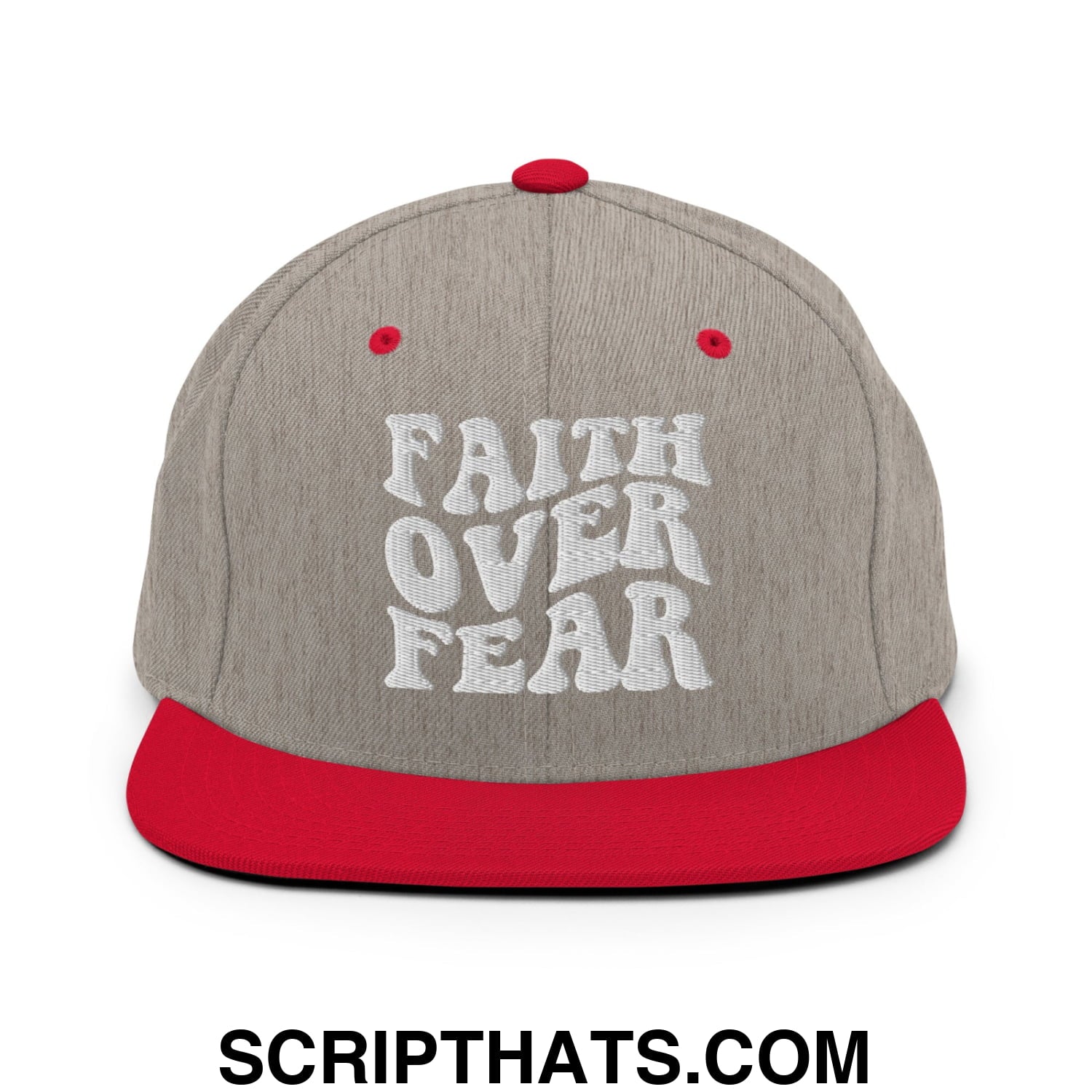 Faith Over Fear Embroidered Flat Bill Brim Snapback Hat Heather Grey Red