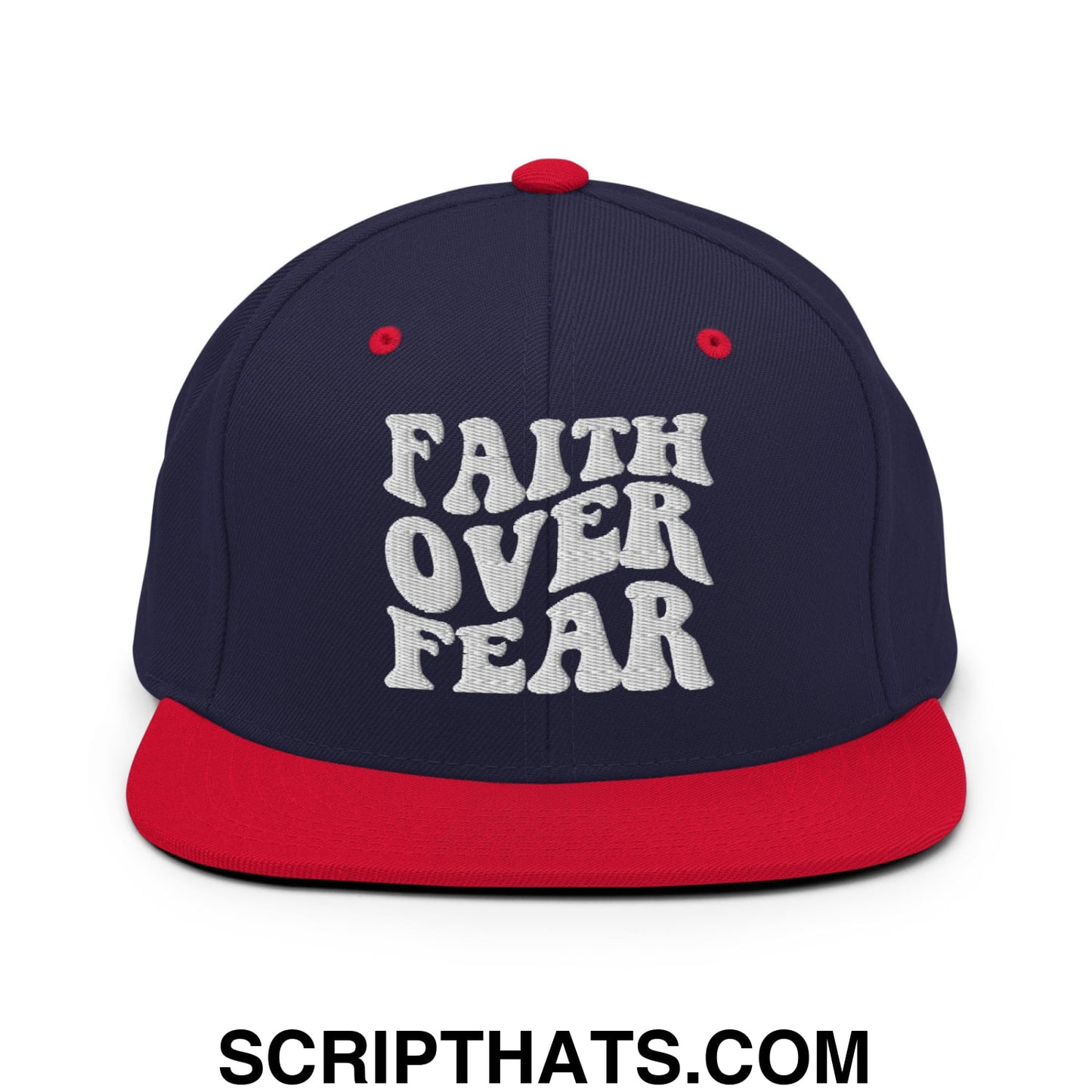 Faith Over Fear Embroidered Flat Bill Brim Snapback Hat Navy Red