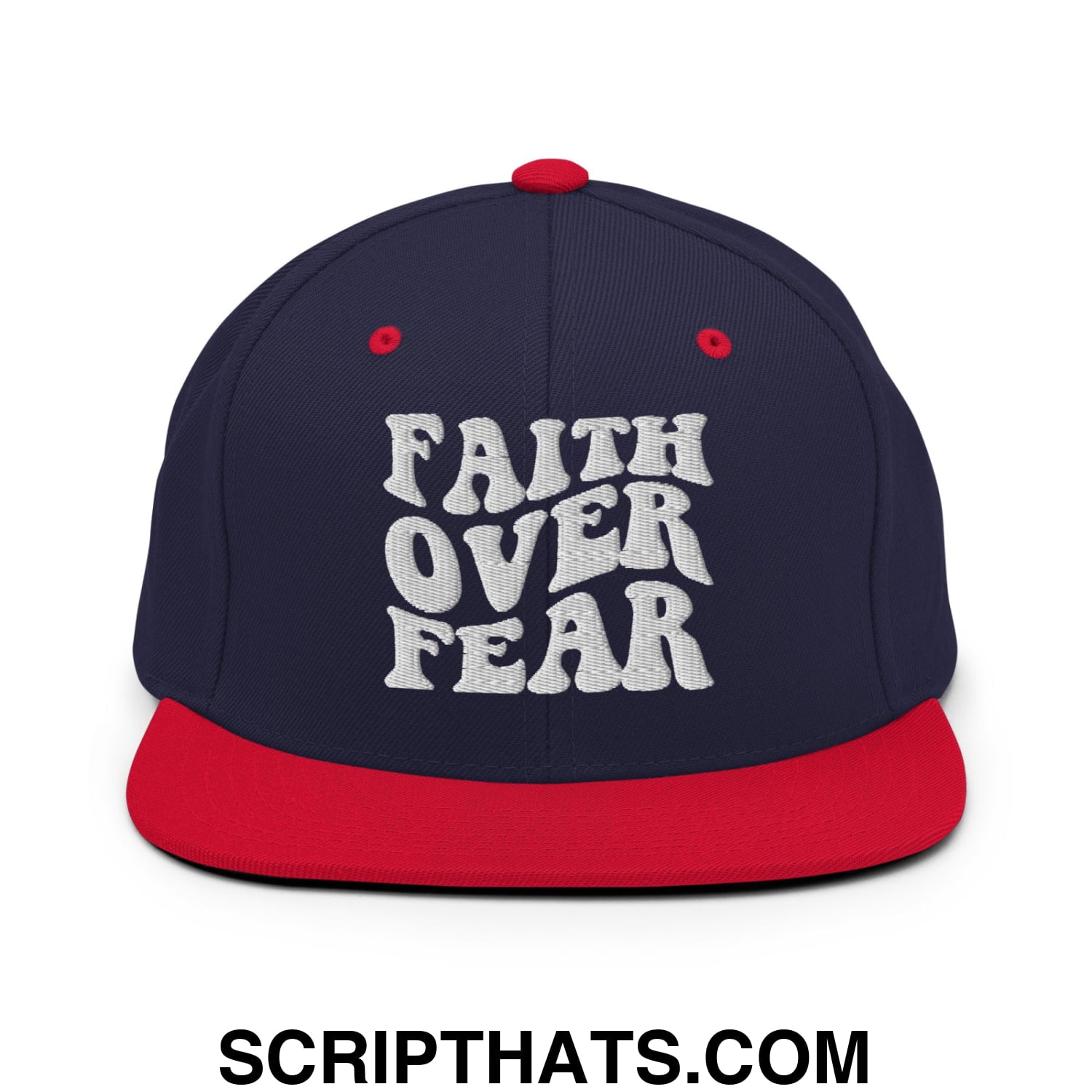 Faith Over Fear Embroidered Flat Bill Brim Snapback Hat Navy Red