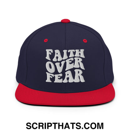 Faith Over Fear Embroidered Flat Bill Brim Snapback Hat Navy Red