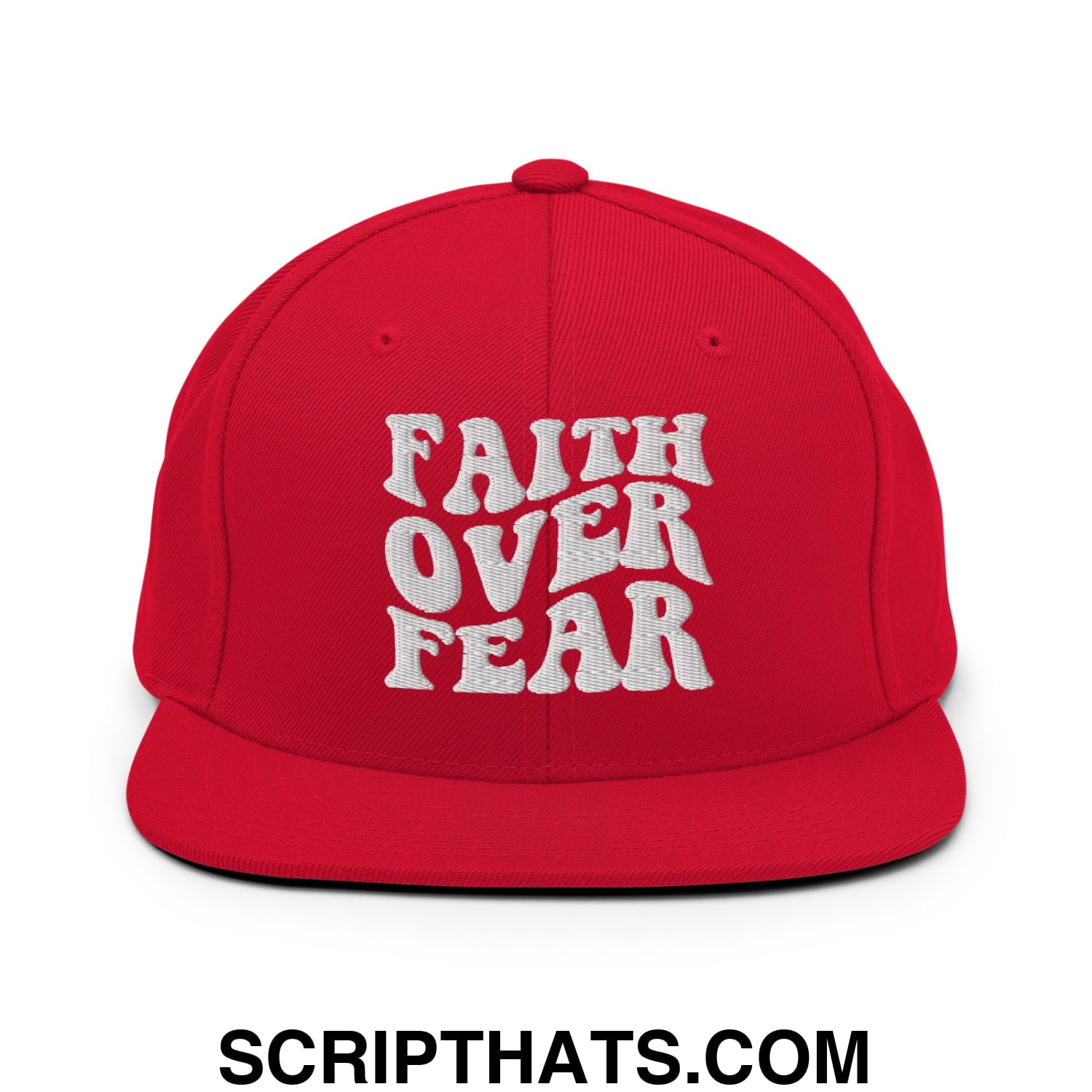 Faith Over Fear Embroidered Flat Bill Brim Snapback Hat Red