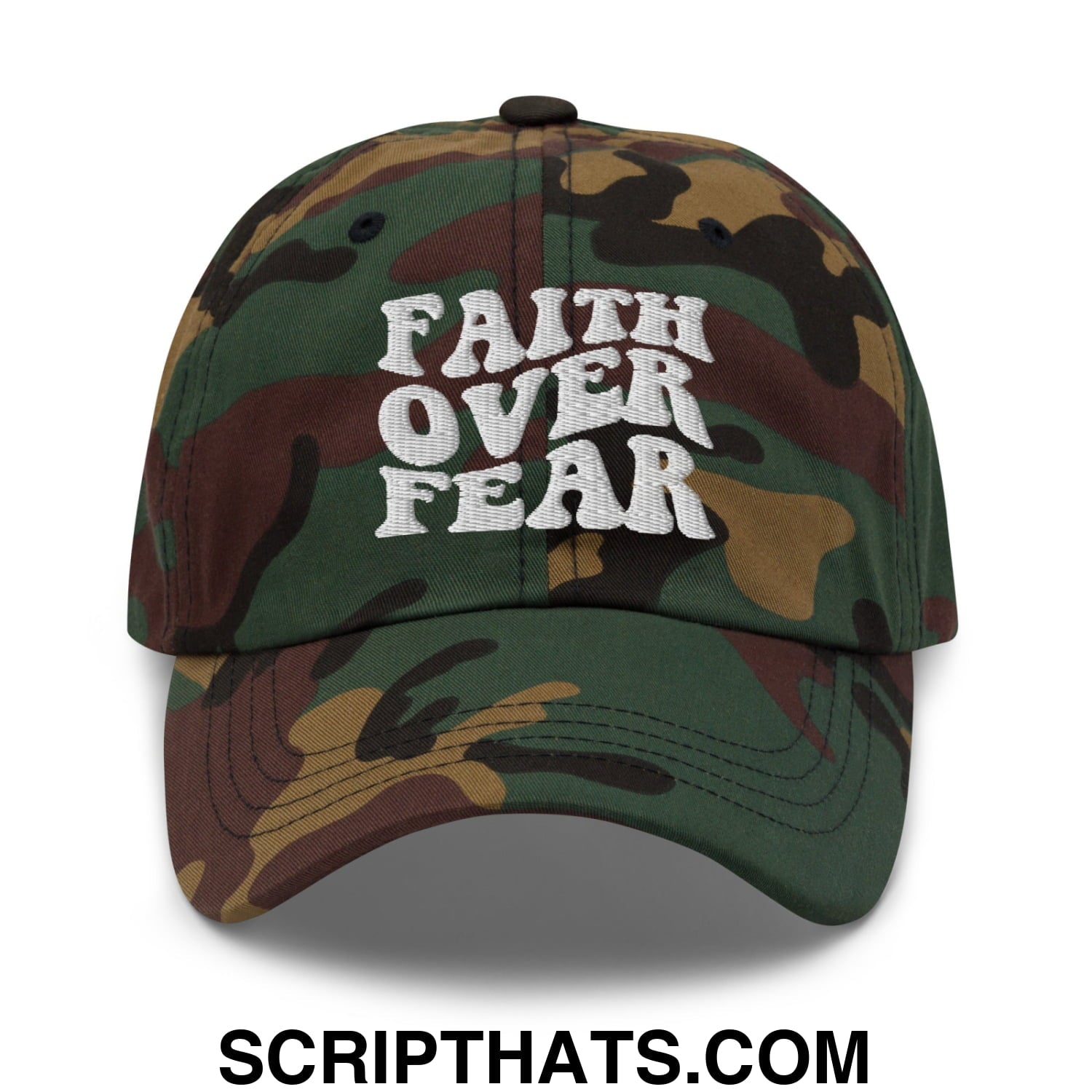 Faith Over Fear Embroidered Unstructured Dad Hat Green Camo