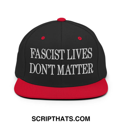 Black and red snapback hat with white embroidered fascist lives don’t matter text on flat bill brim