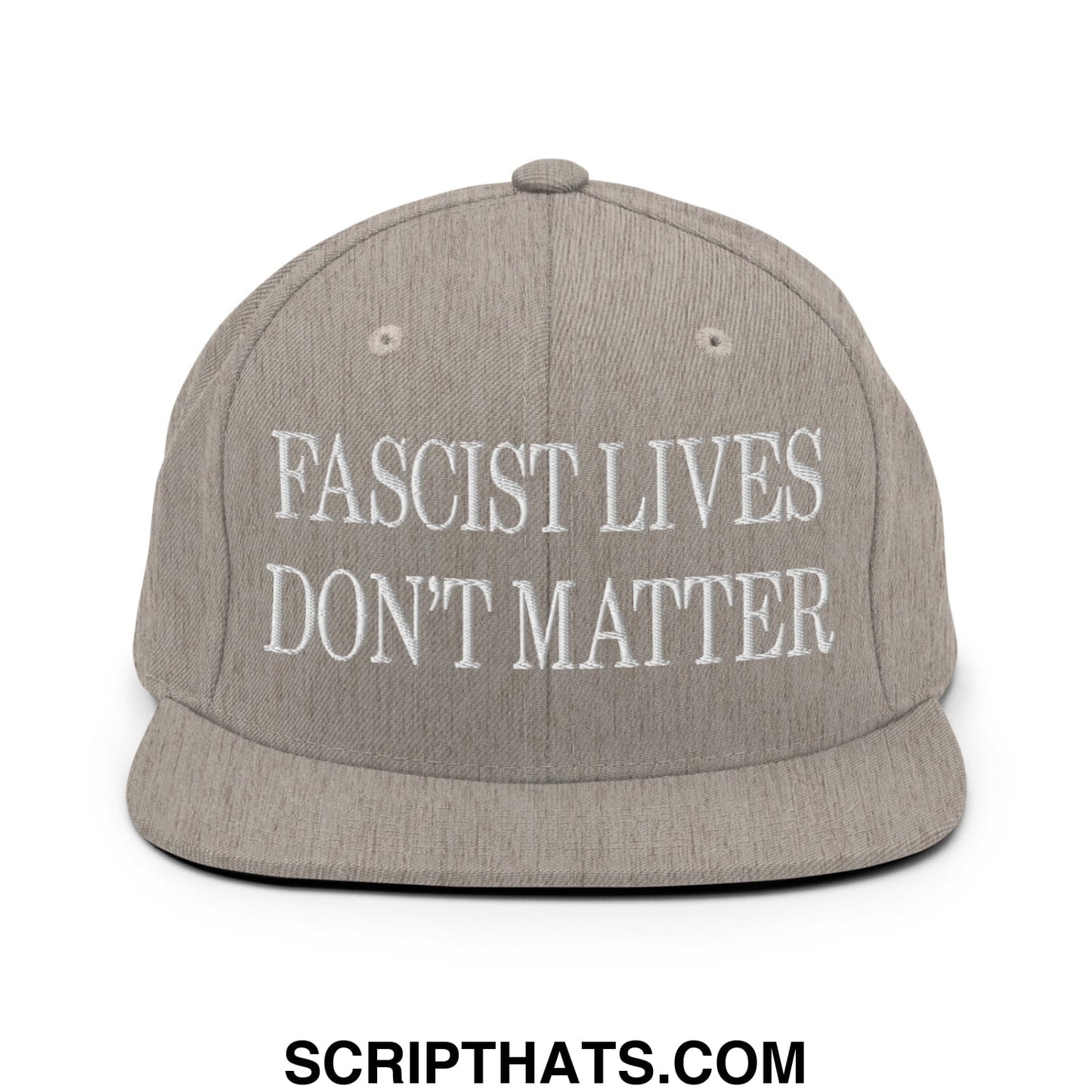 Gray snapback hat with white embroidered fascist lives don’t matter text on flat bill brim for casual wear