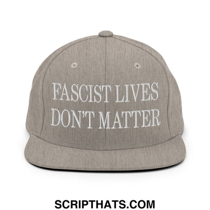 Gray snapback hat with white embroidered fascist lives don’t matter text on flat bill brim for casual wear