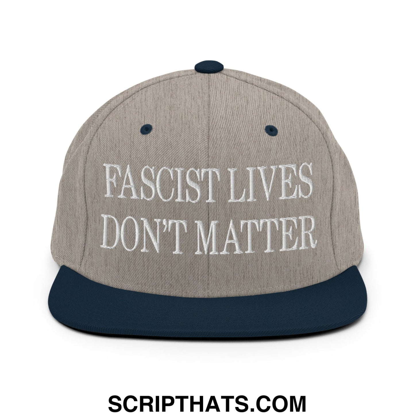 Gray and navy blue snapback cap with white embroidered fascist lives don’t matter text and flat bill brim design
