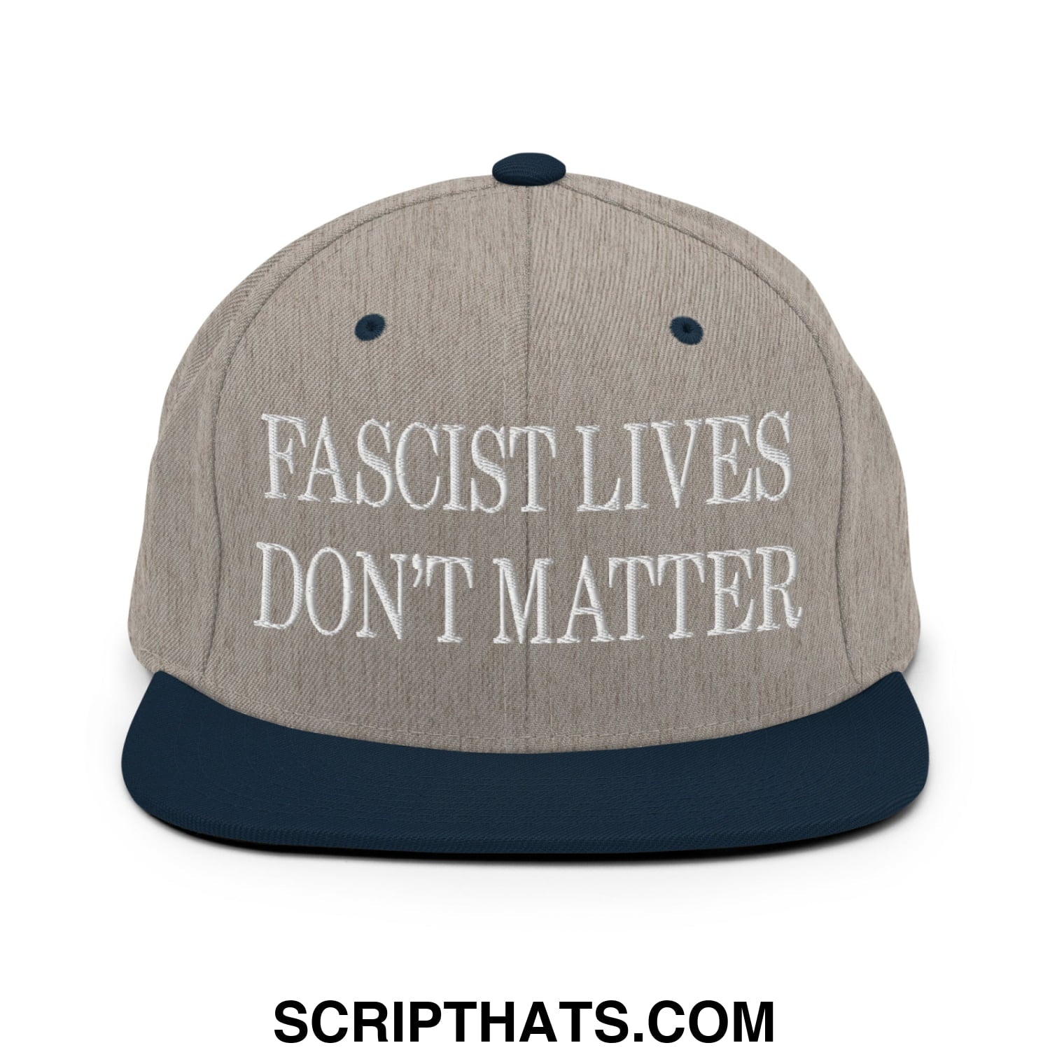 Gray and navy blue snapback cap with white embroidered fascist lives don’t matter text and flat bill brim design