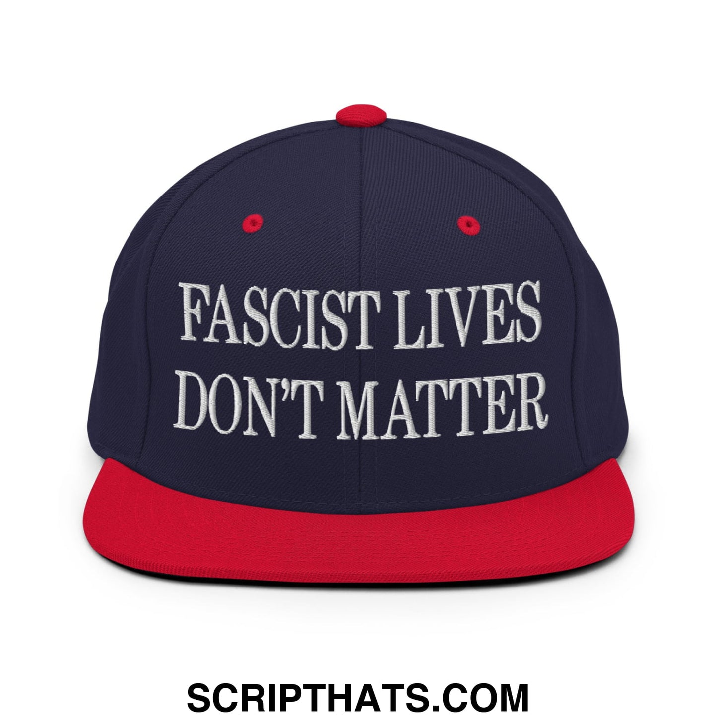 Navy blue snapback cap with red brim and button featuring white embroidered text fascist lives don’t matter