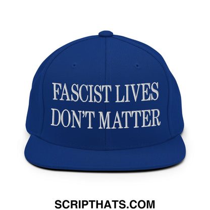 Royal blue snapback cap with white embroidered fascist lives don’t matter text and flat bill brim design