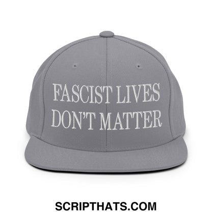 Gray snapback cap with white embroidered fascist lives dont matter text and flat bill brim design