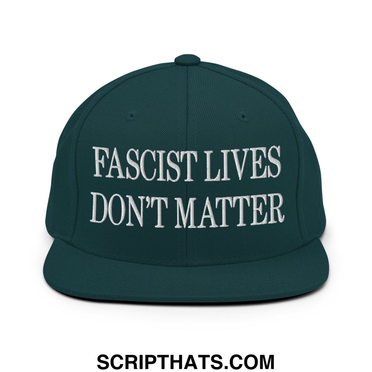 Dark green snapback cap with white embroidered fascist lives don’t matter text and flat bill brim for casual wear