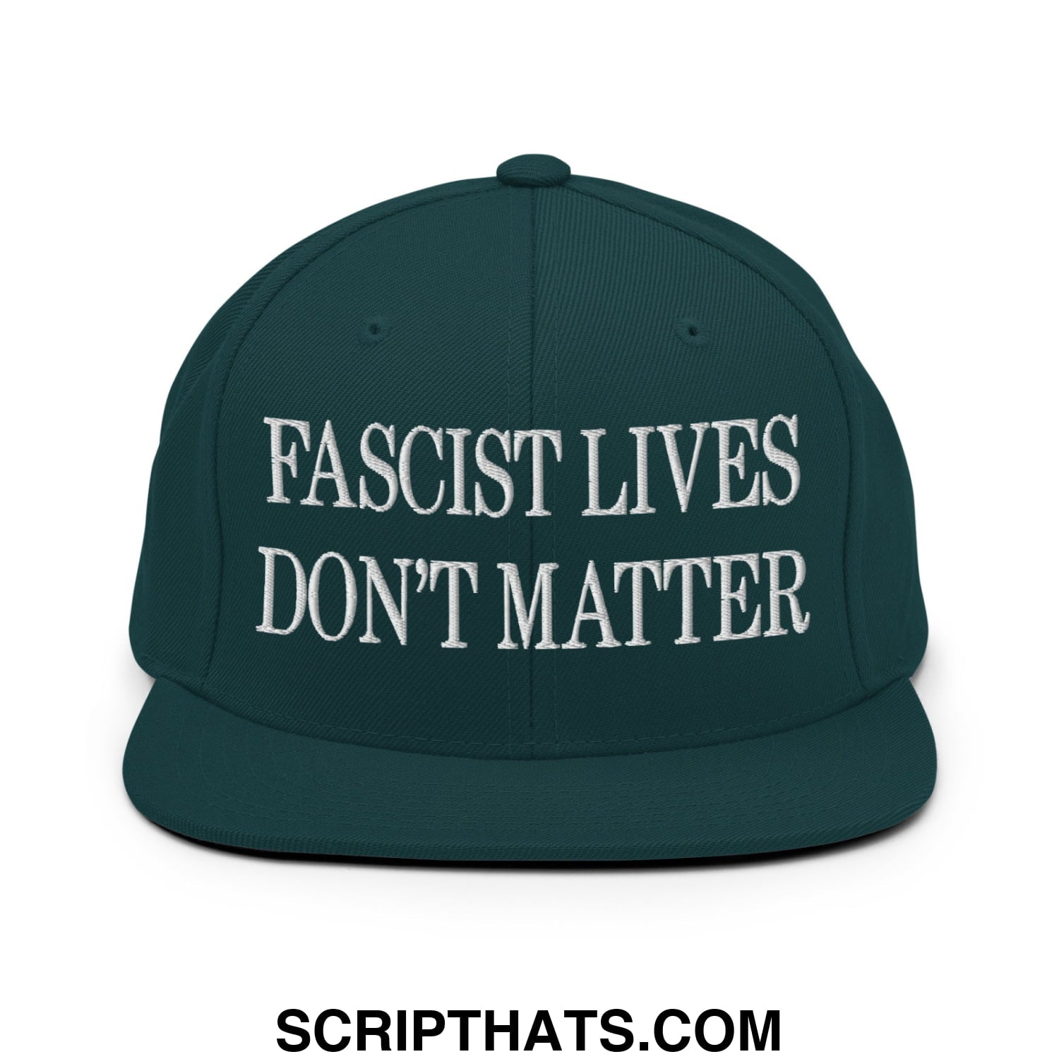 Dark green snapback cap with white embroidered fascist lives don’t matter text and flat bill brim for casual wear