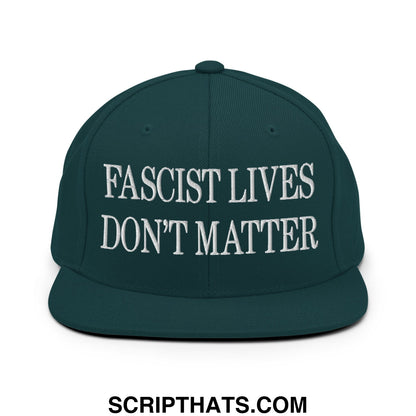 Dark green snapback cap with white embroidered fascist lives don’t matter text and flat bill brim for casual wear