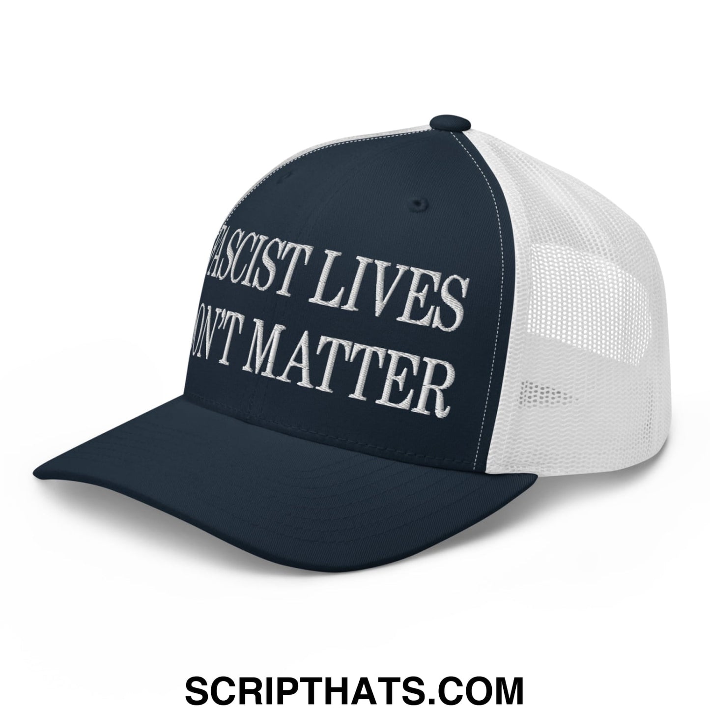 Dark blue and white mesh trucker hat with embroidered fascist lives dont matter text in bold capital letters