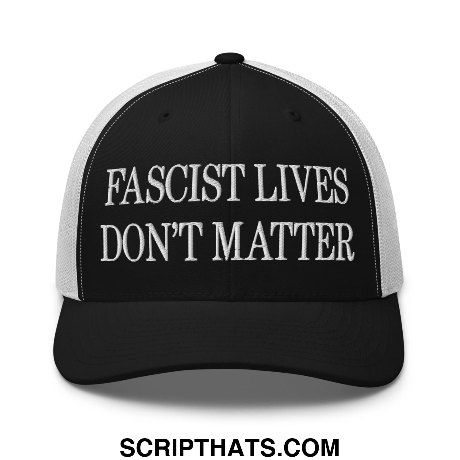Black and white mesh trucker hat embroidered with fascist lives dont matter text in bold capital letters