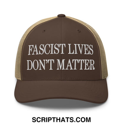 Brown and tan mesh trucker hat with white embroidered fascist lives don’t matter text on front panel