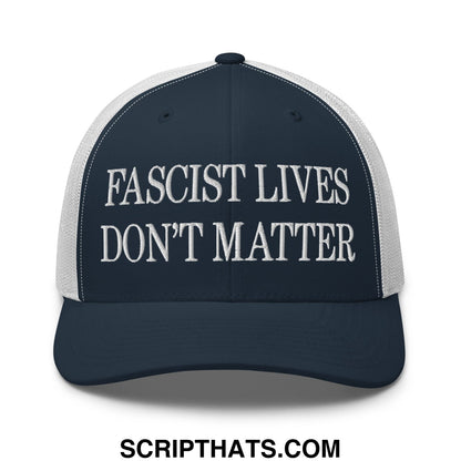 Navy blue and white mesh trucker hat with embroidered fascist lives dont matter text and adjustable snapback closure
