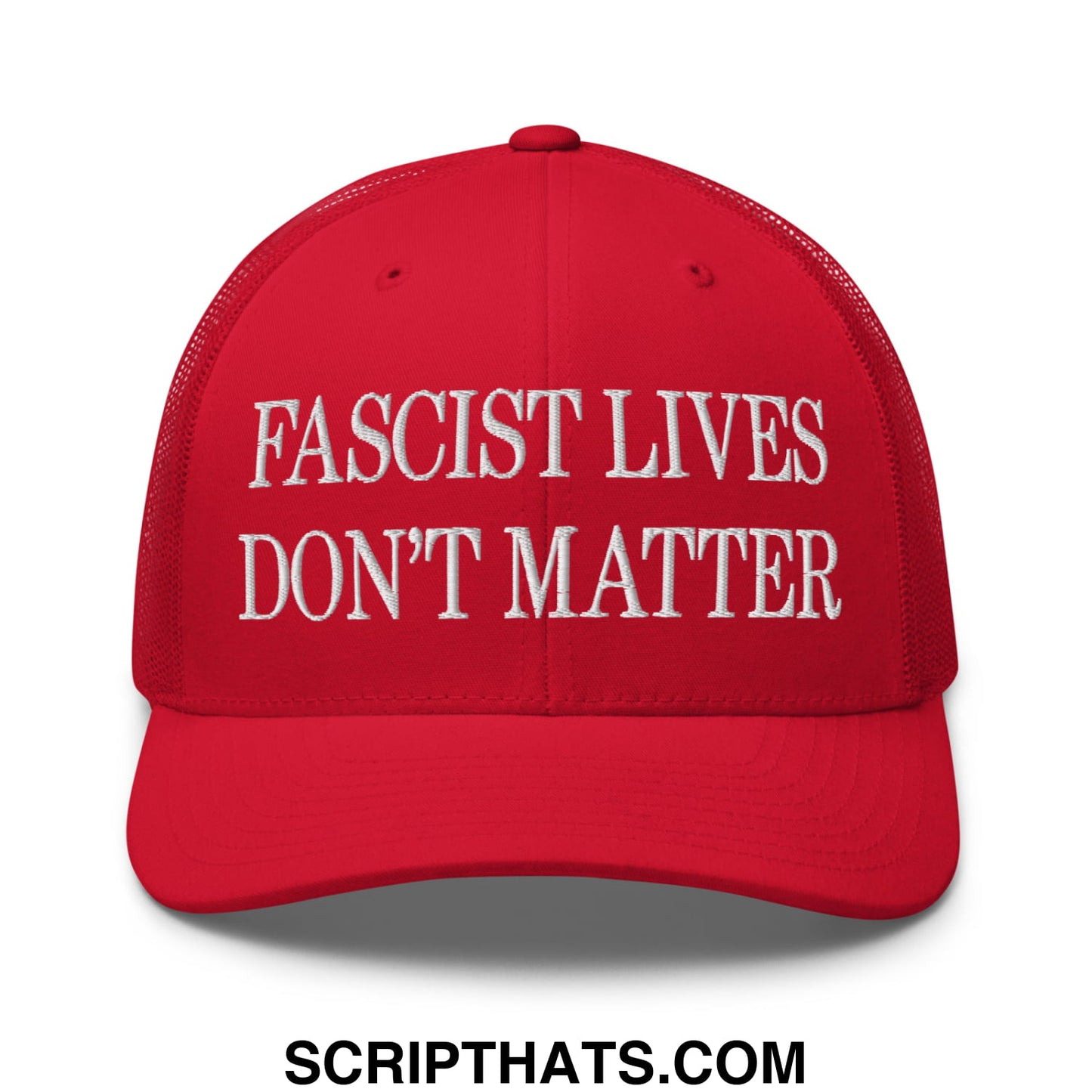 Red mesh trucker hat with white embroidered fascist lives dont matter text on the front for casual wear