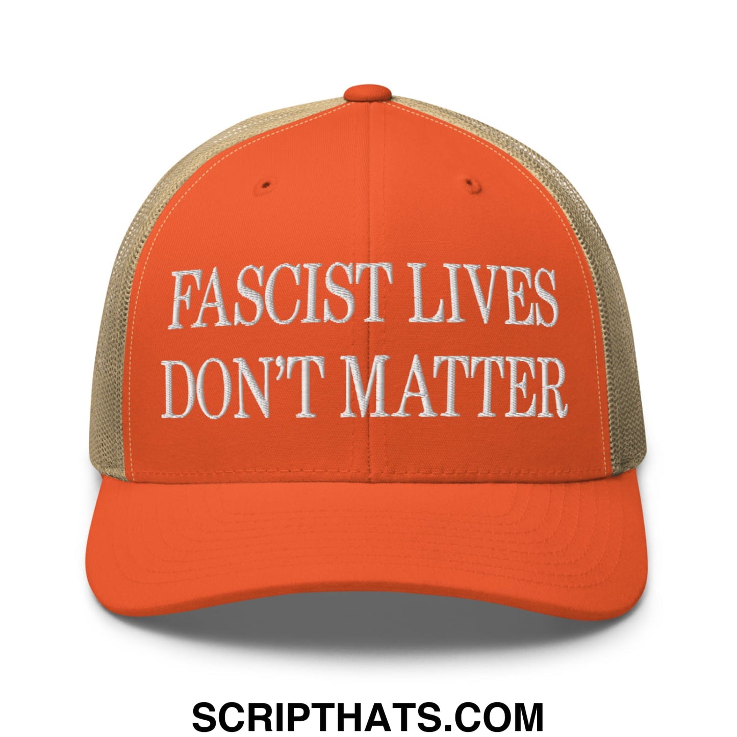 Orange and beige mesh trucker hat with white embroidered fascist lives don t matter text front panel