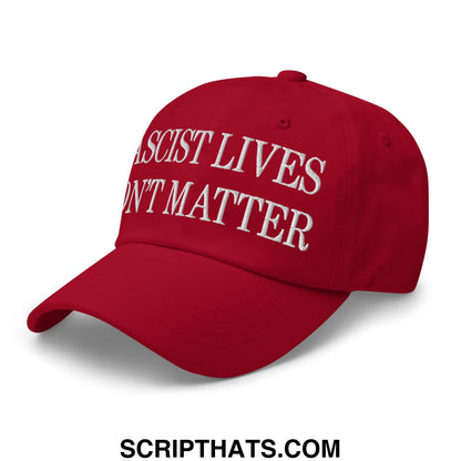 Red embroidered unstructured dad hat with fascist lives dont matter text in white on front panel