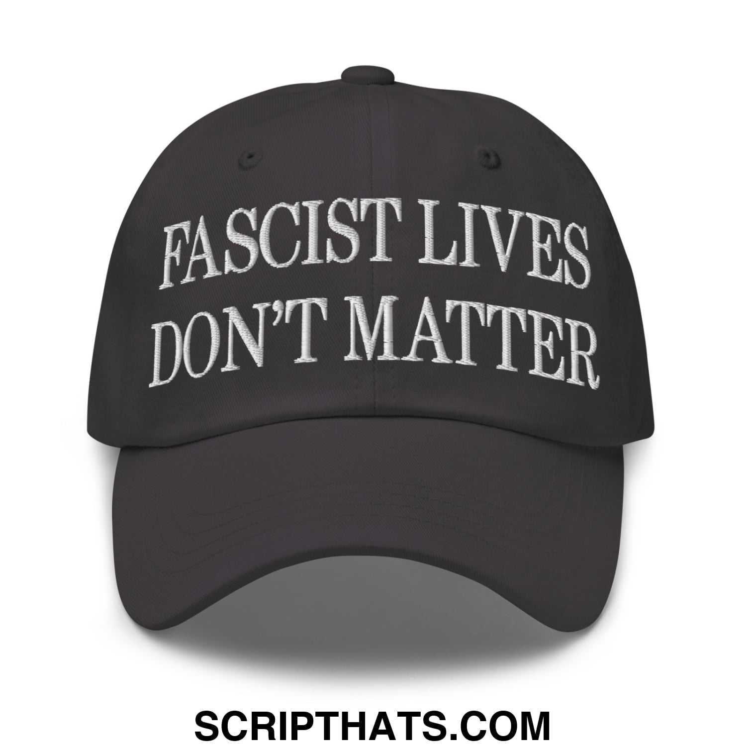 Black embroidered unstructured dad hat with white fascist lives don’t matter text on the front panel