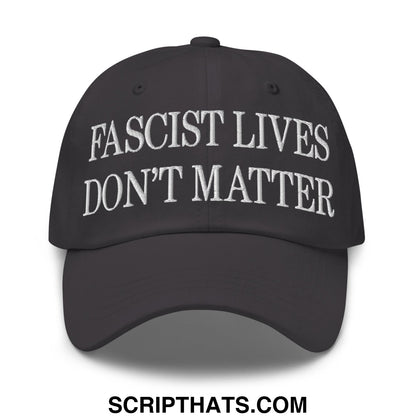 Black embroidered unstructured dad hat with white fascist lives don’t matter text on the front panel