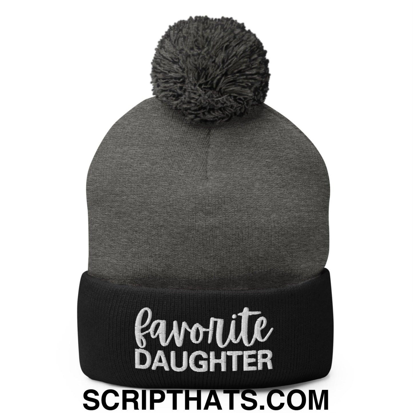 Favorite Daughter Embroidered Knit Pom Pom Beanie Dark Heather Grey Black