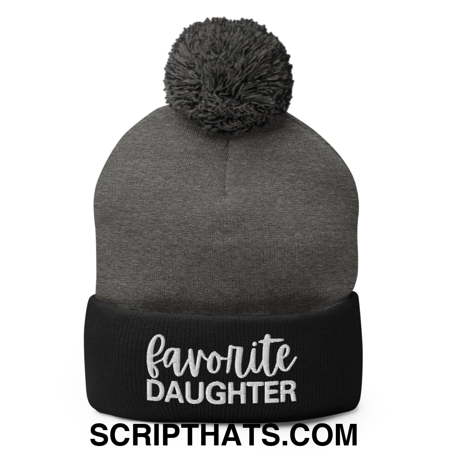 Favorite Daughter Embroidered Knit Pom Pom Beanie Dark Heather Grey Black