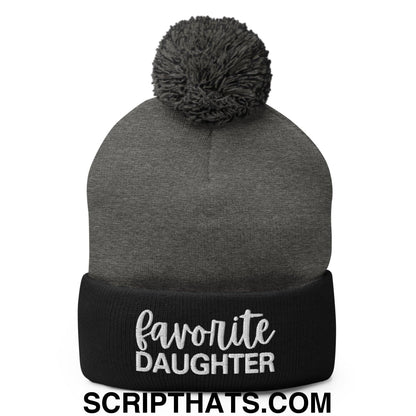 Favorite Daughter Embroidered Knit Pom Pom Beanie Dark Heather Grey Black