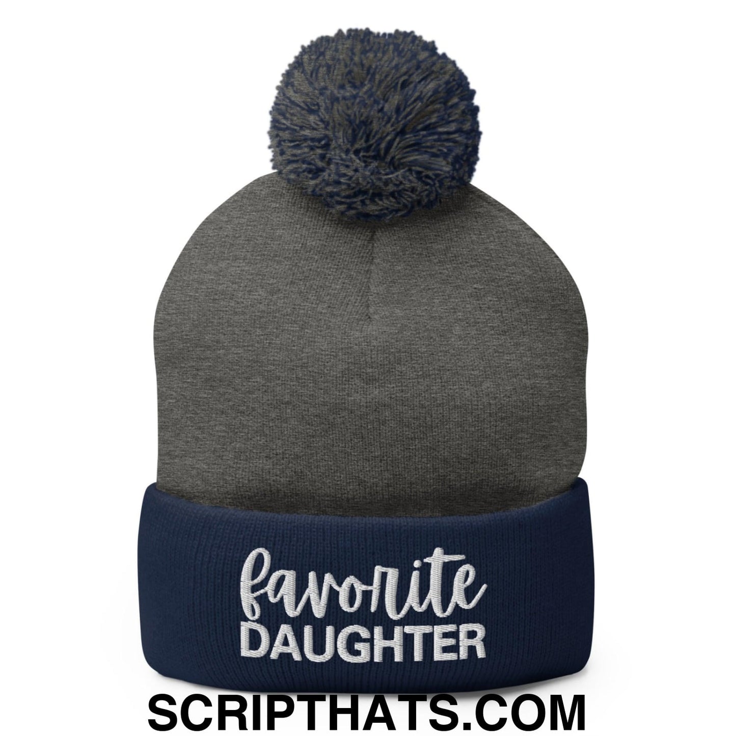 Favorite Daughter Embroidered Knit Pom Pom Beanie Dark Heather Grey Navy