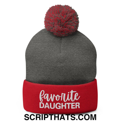 Favorite Daughter Embroidered Knit Pom Pom Beanie Dark Heather Grey Red