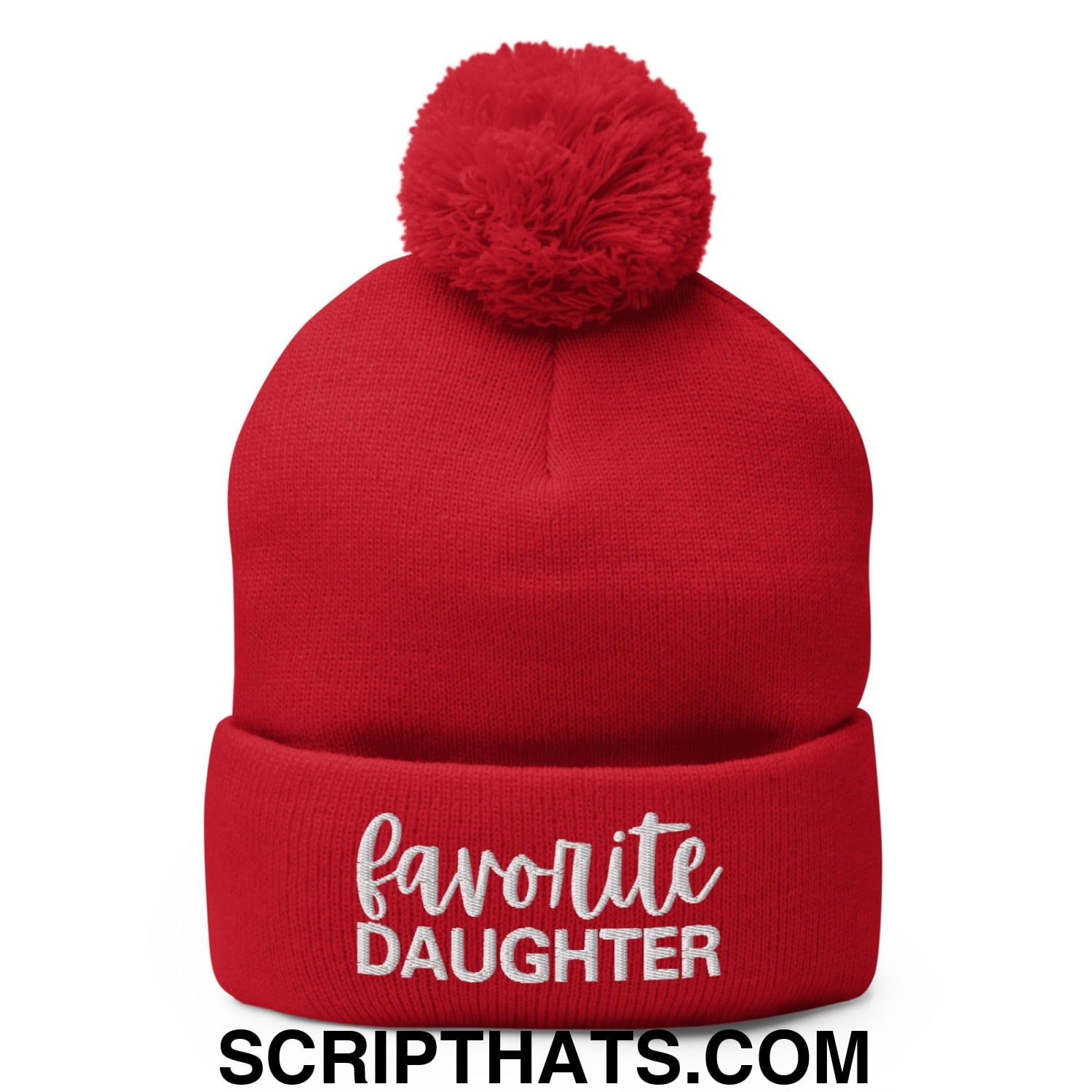 Favorite Daughter Embroidered Knit Pom Pom Beanie Red