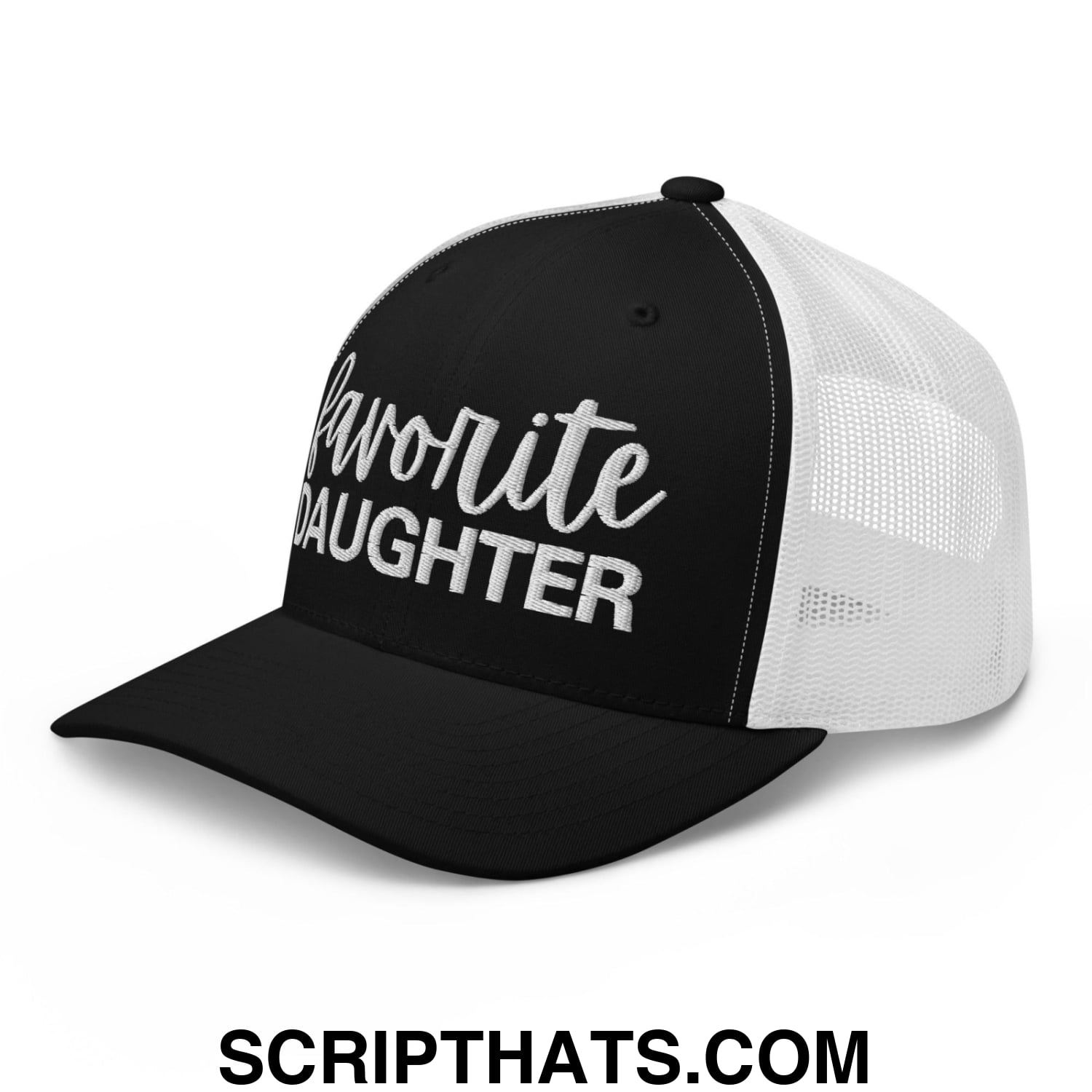 Favorite Daughter Embroidered Mesh Trucker Hat Black White