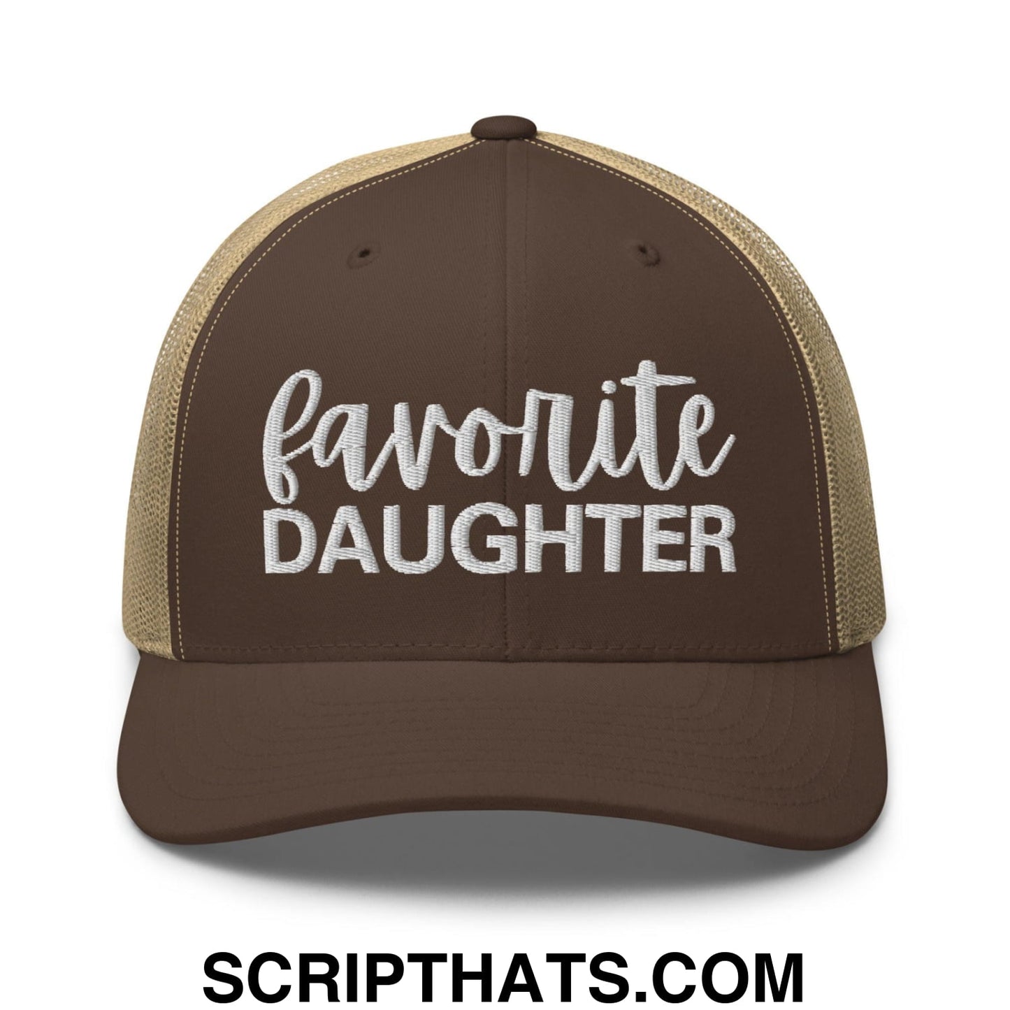 Favorite Daughter Embroidered Mesh Trucker Hat Brown Khaki