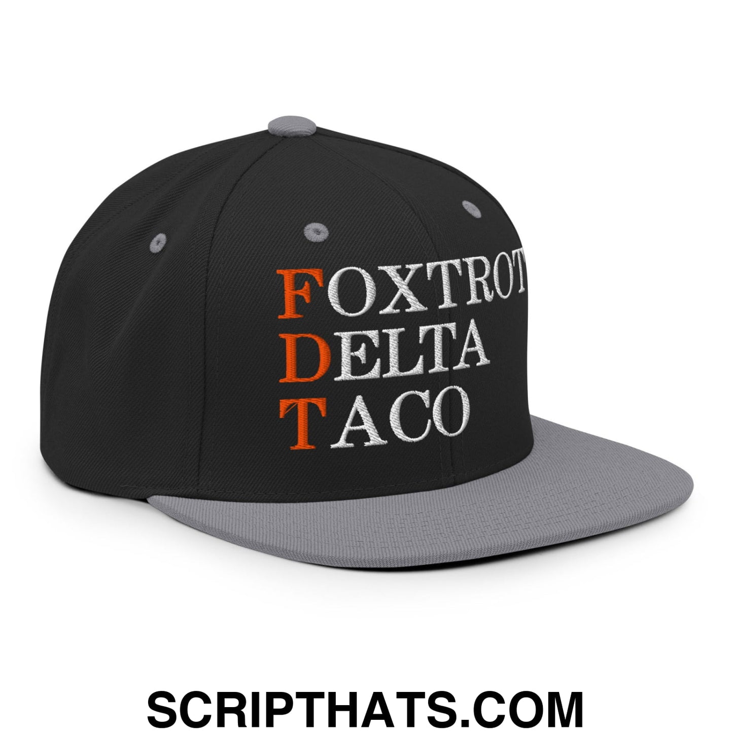 FDT Foxtrot Delta Taco Embroidered Flat Bill Brim Snapback Hat Black Silver