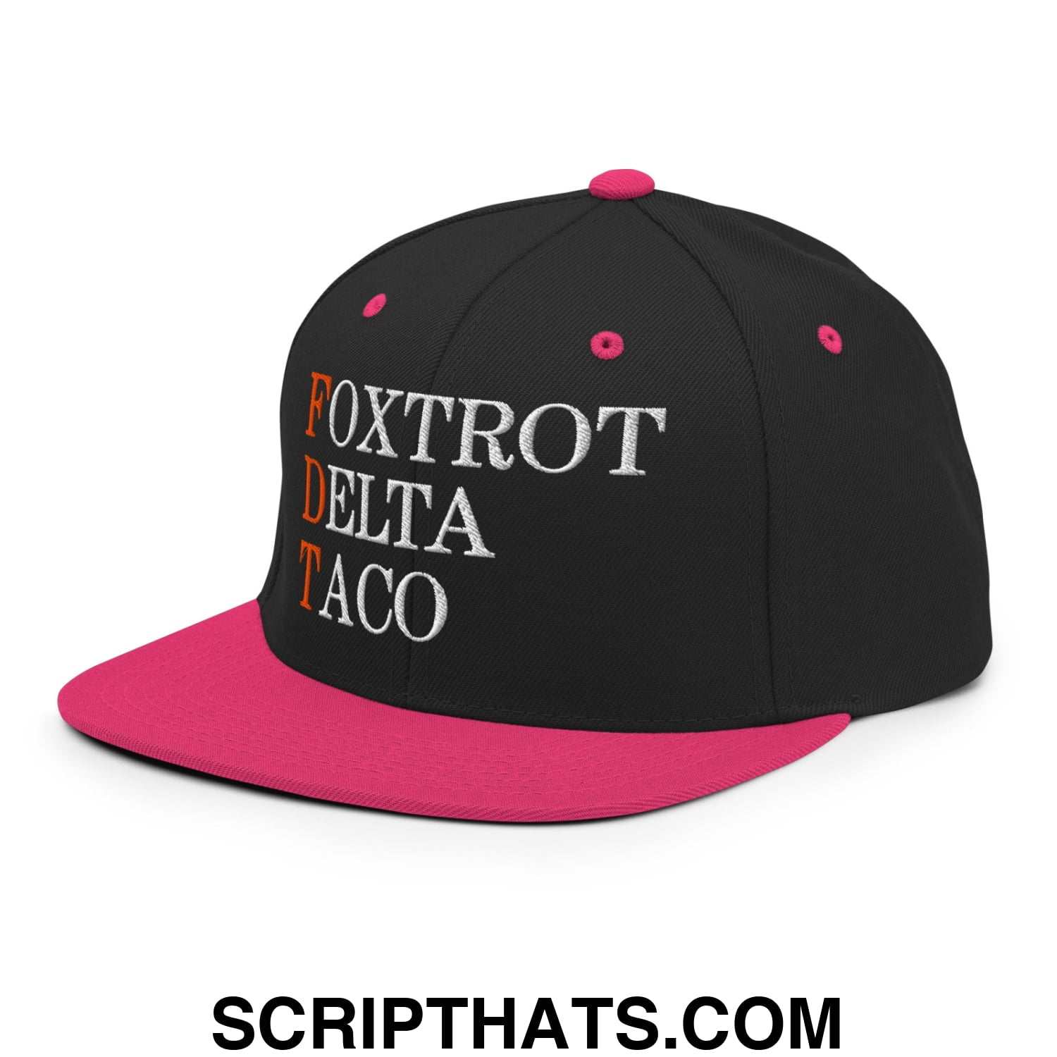 FDT Foxtrot Delta Taco Embroidered Flat Bill Brim Snapback Hat Black Neon Pink